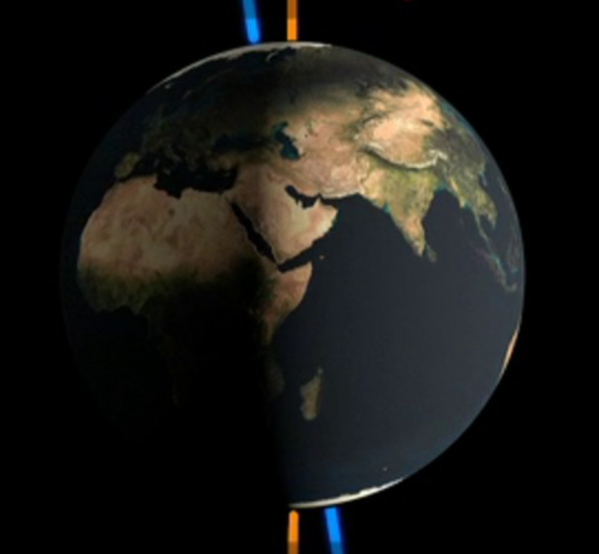 A globe on a black background includes an orange line that pierces it from the top to the bottom and blue line that pierces the globe at a slight tilt from the orange line.