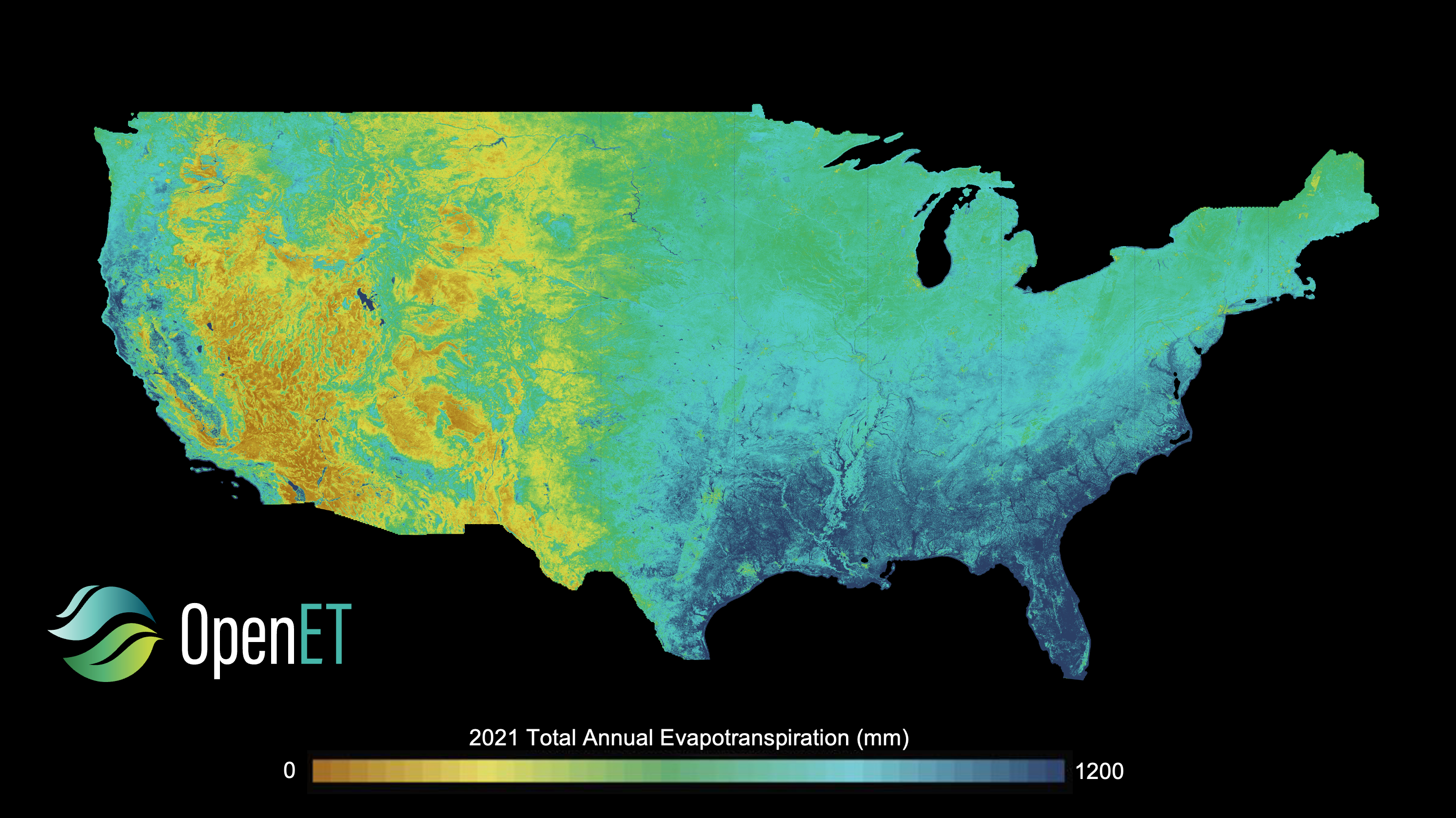 The 48 contiguous United States with color coding to reveal water evapotranspiration.