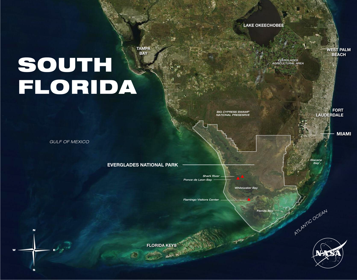 A map of South Florida identifying primary BlueFlux fieldwork locations. Those locations include two on Shark River and one near the Flamingo Visitors Center.