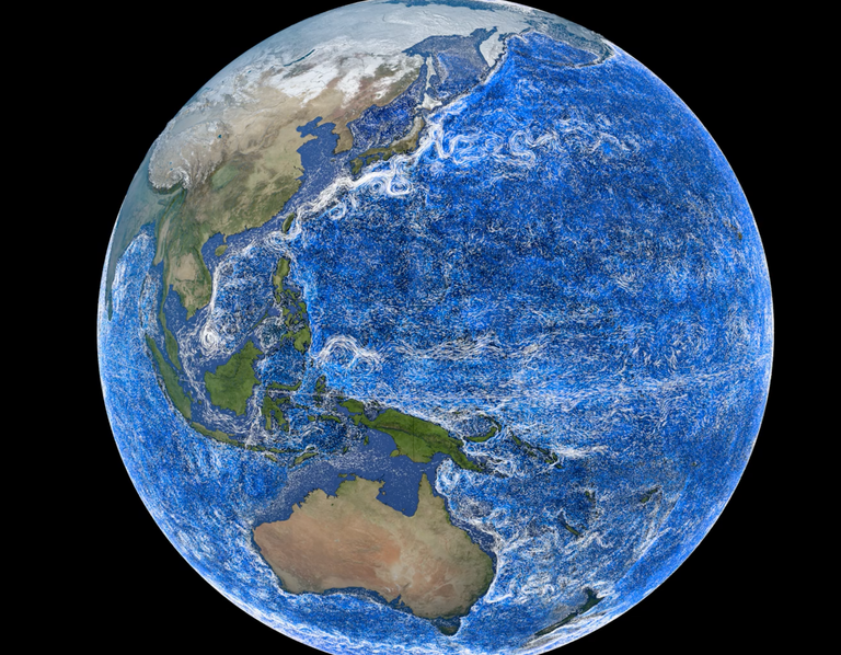 globe on black background shows ocean currents flowing on the western sides of the Earth’s oceans.