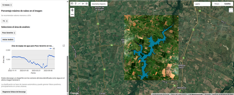 Screenshot of a reservoir monitoring tool showing Paso Severino Reservoir’s surface water extent on a satellite map, with a chart tracking changes in water area over time.