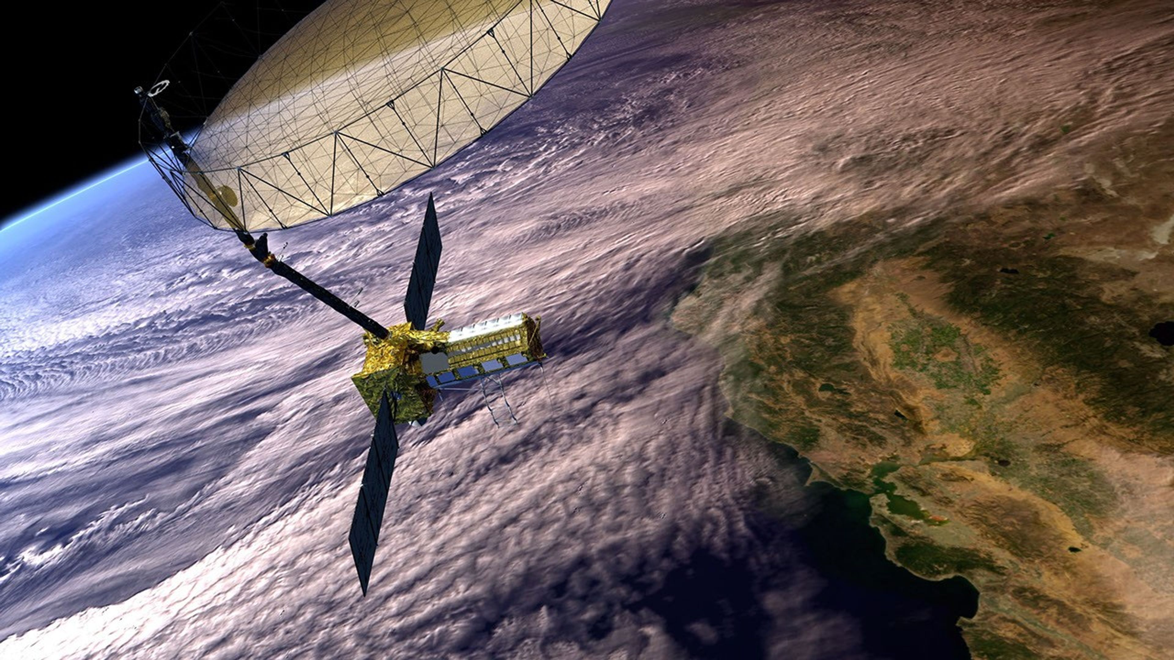 The NISAR satellite orbits above Earth in an artist’s concept, featuring a large radar antenna, with clouds, land, and ocean visible below.