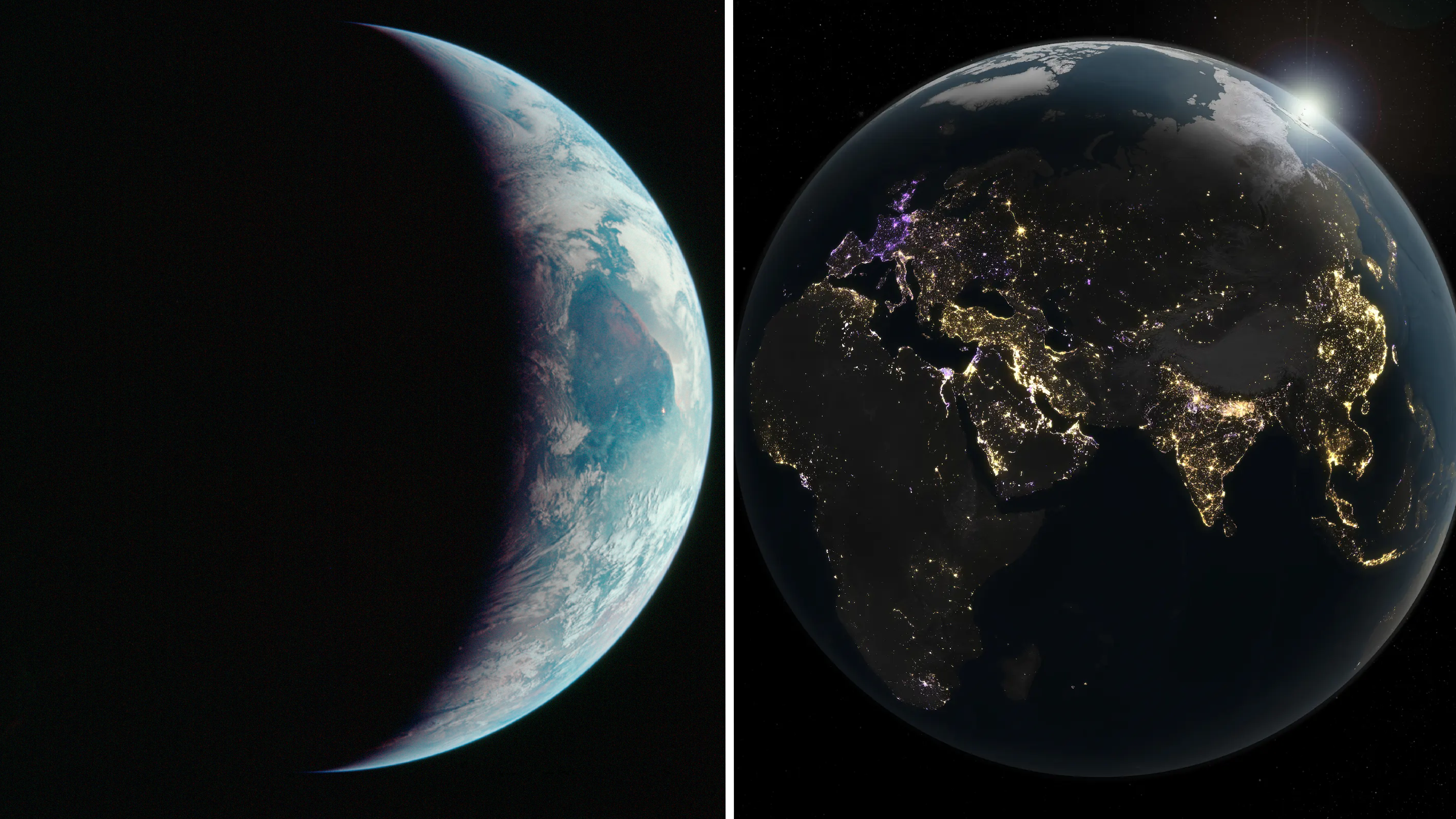 A side-by-side comparison of Earth at night, partially shrouded in darkness (left) and twinkling with city lights (right).