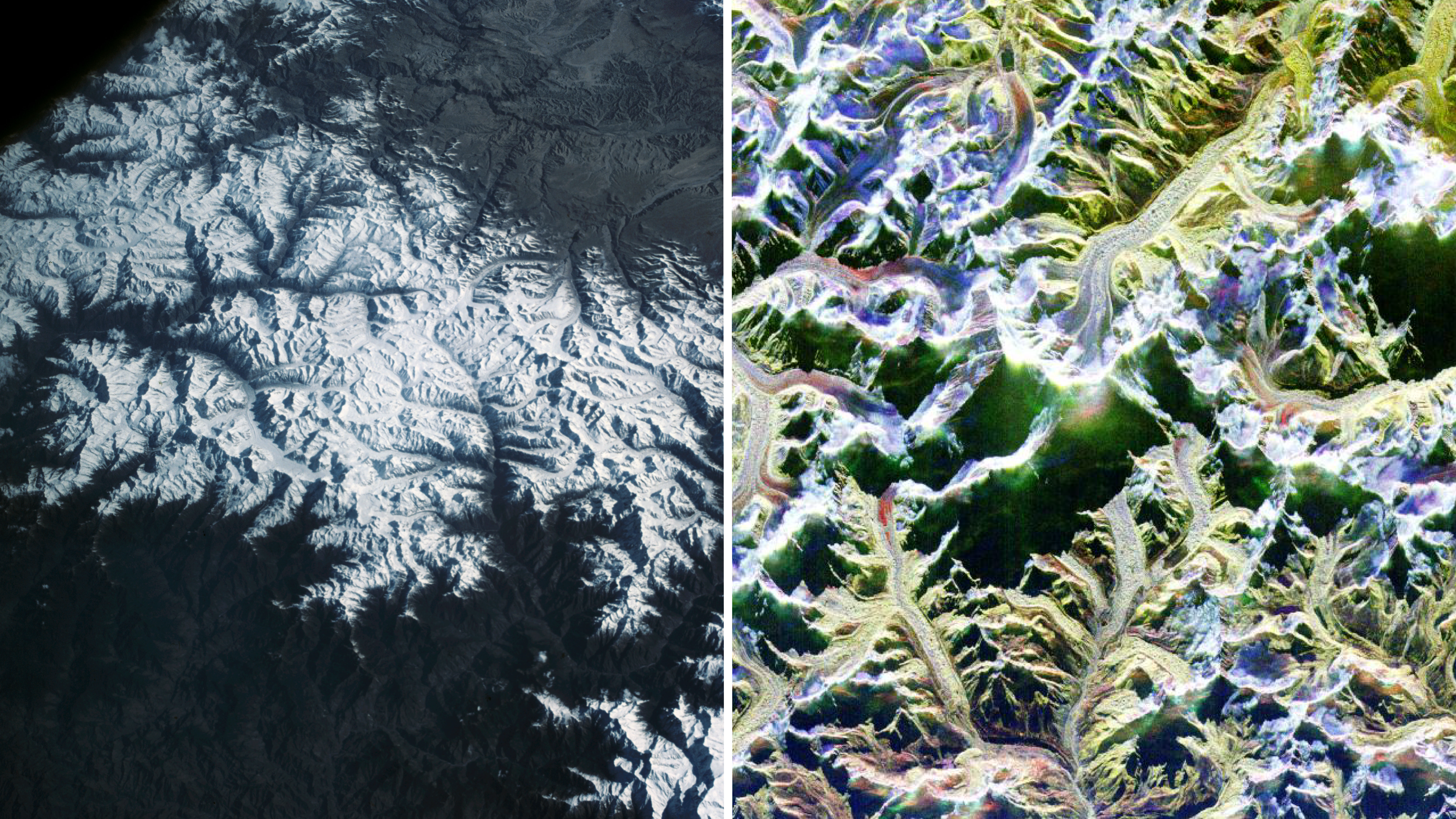 A side-by-side comparison of a mountain range that is white and dark (left) and brightly colored with hues of blue, green, and yellow (right).