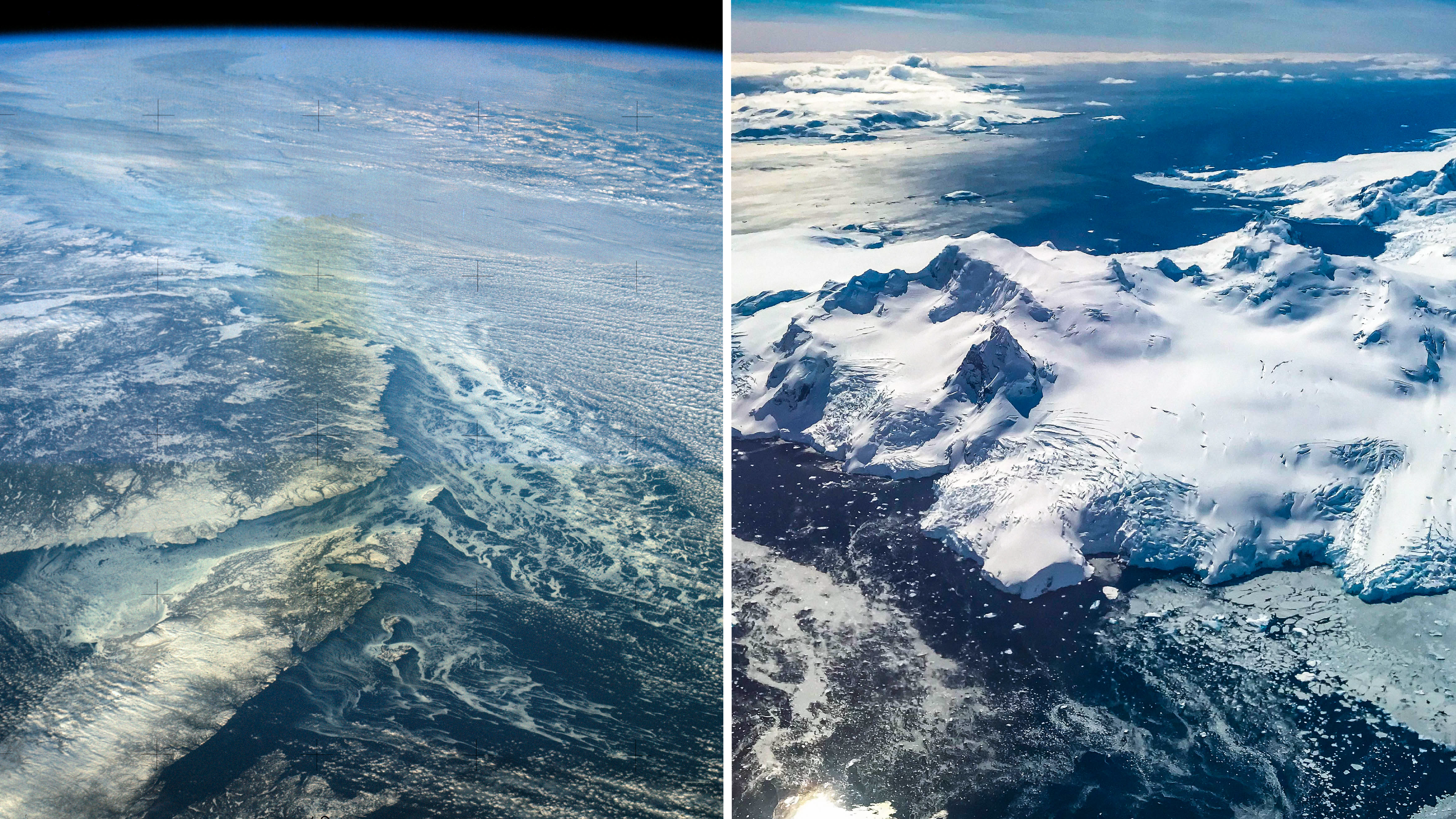 A side-by-side comparison of a rocky landscape covered in blue and white ice.