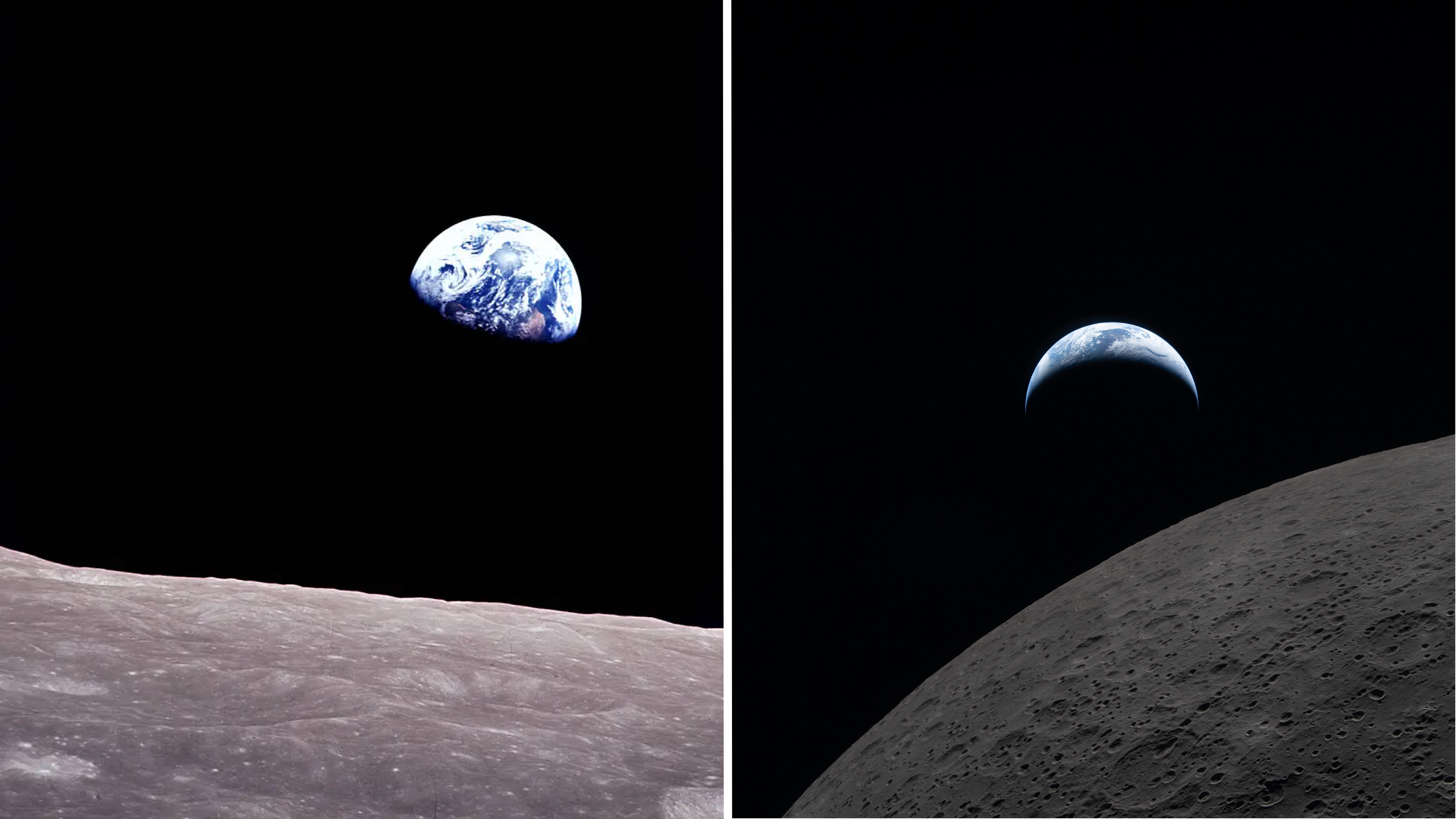 A side-by-side comparison of the Earth in partial shadow above the gray and cratered lunar horizon.