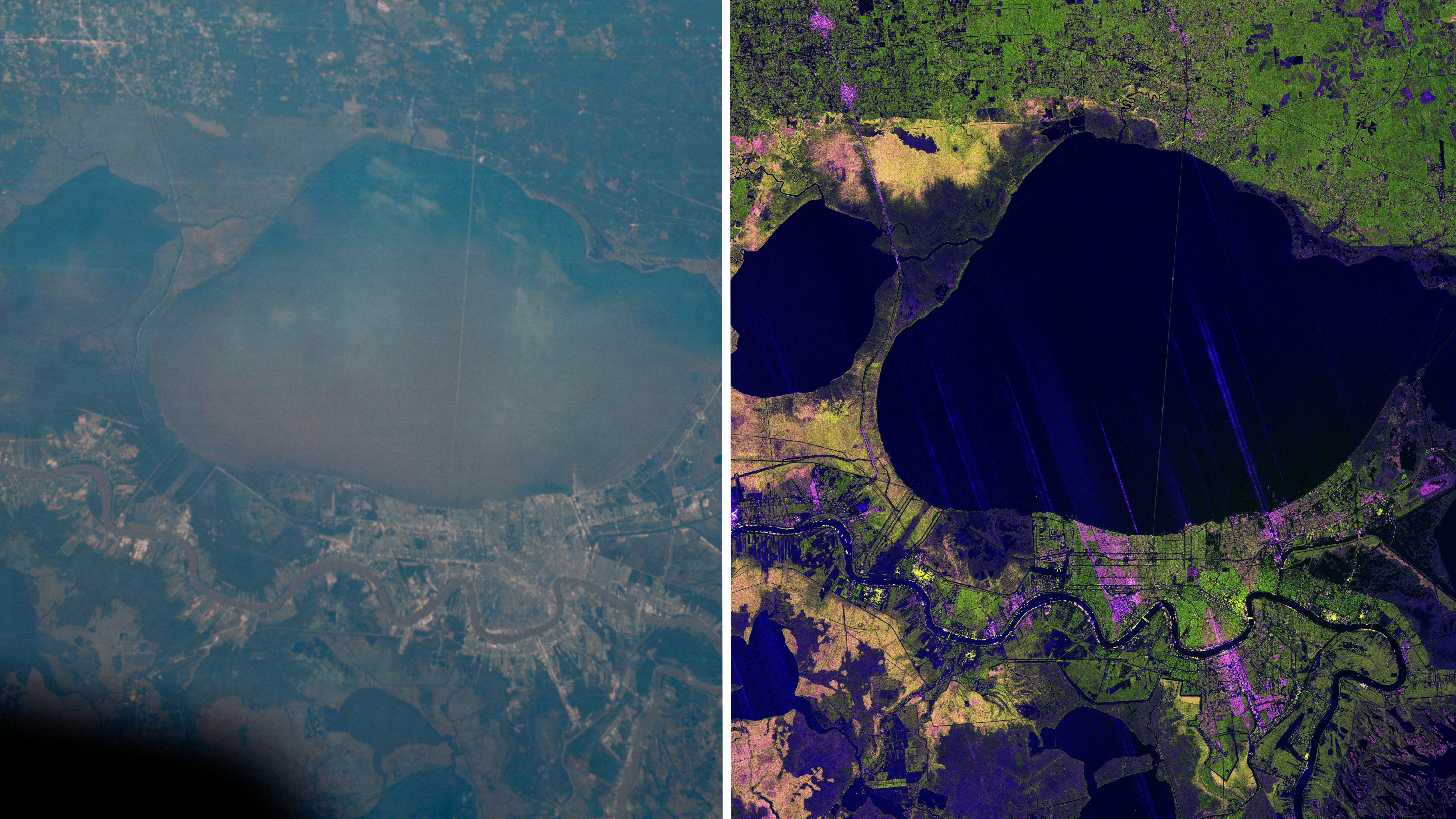 A side-by-side comparison of a large body of water surrounded by fields and urban infrastructure.