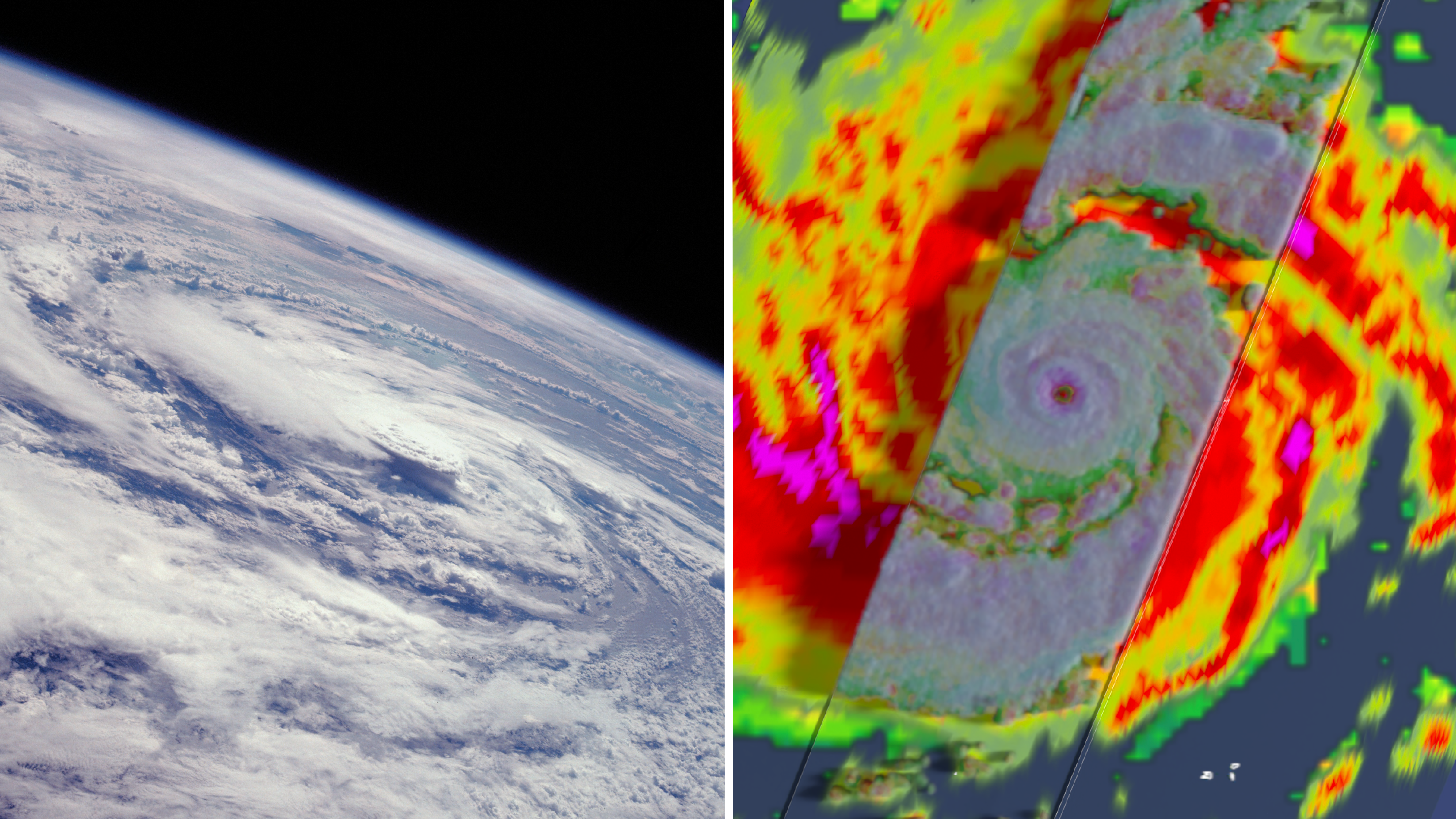 A side-by-side comparison of a swirling white hurricane over a blue ocean (left) and a bright green and red digital image of swirling clouds (right).