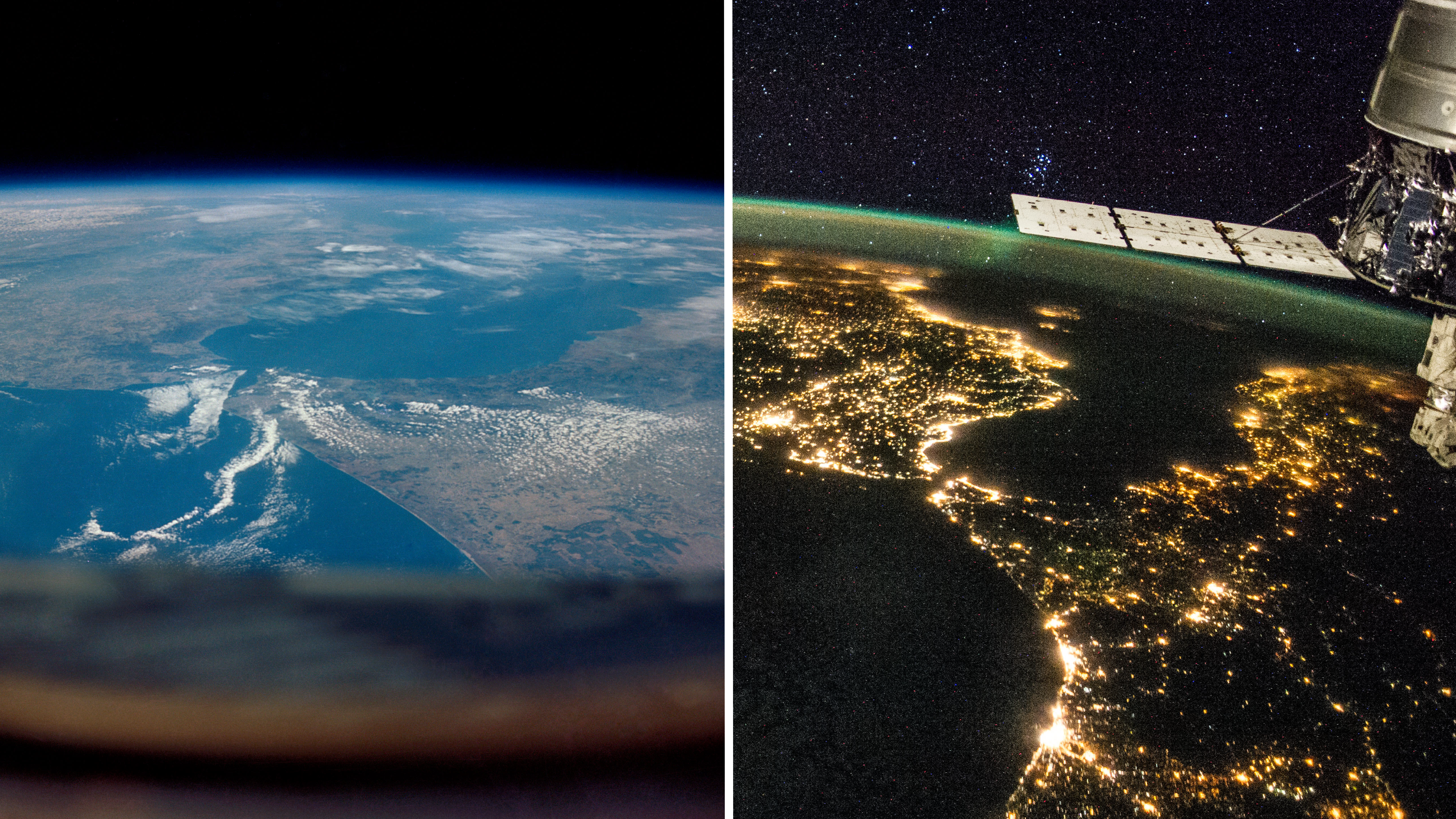 A side-by-side comparison of two tan land masses nearly touching in sunlight (left) and at night (right), with small points of light sparkling under a dark sky.
