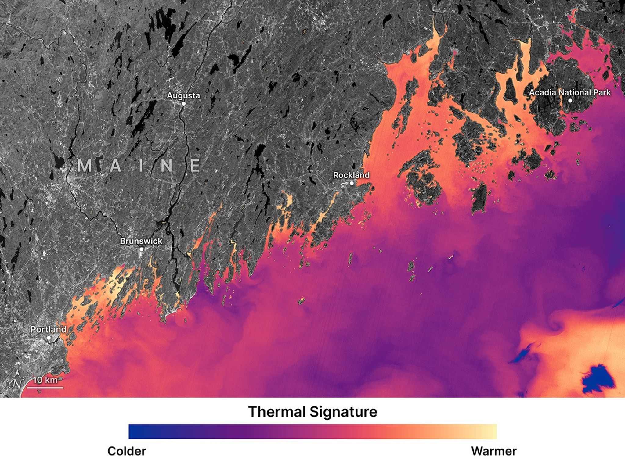 False-color Landsat 9 map shows cooler purple/blue Gulf of Maine waters and warmer orange/yellow nearshore coves.