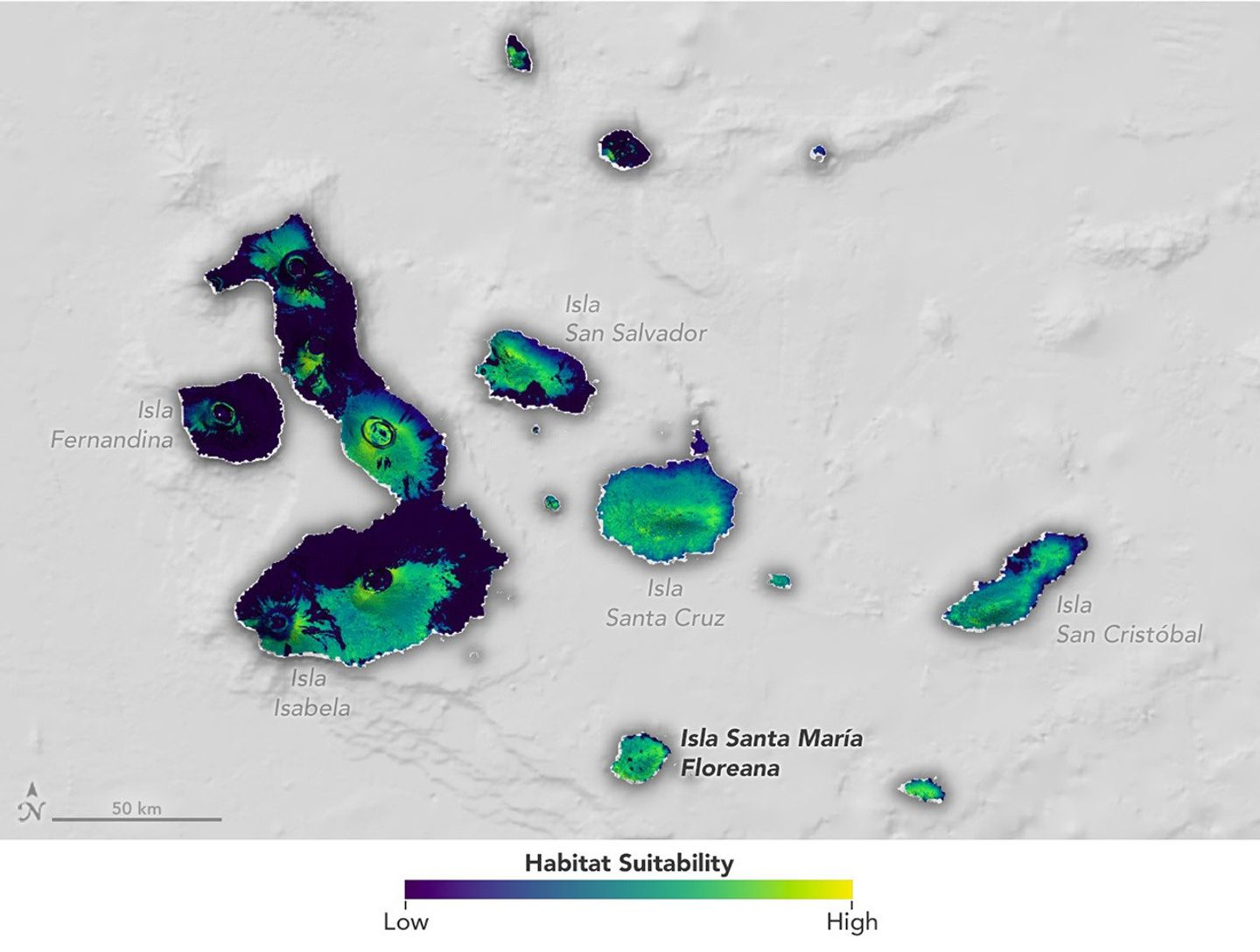 Habitat suitability map of the Galápagos showing areas from low to high suitability for giant tortoises across islands including Isabela, Santa Cruz, and Floreana.