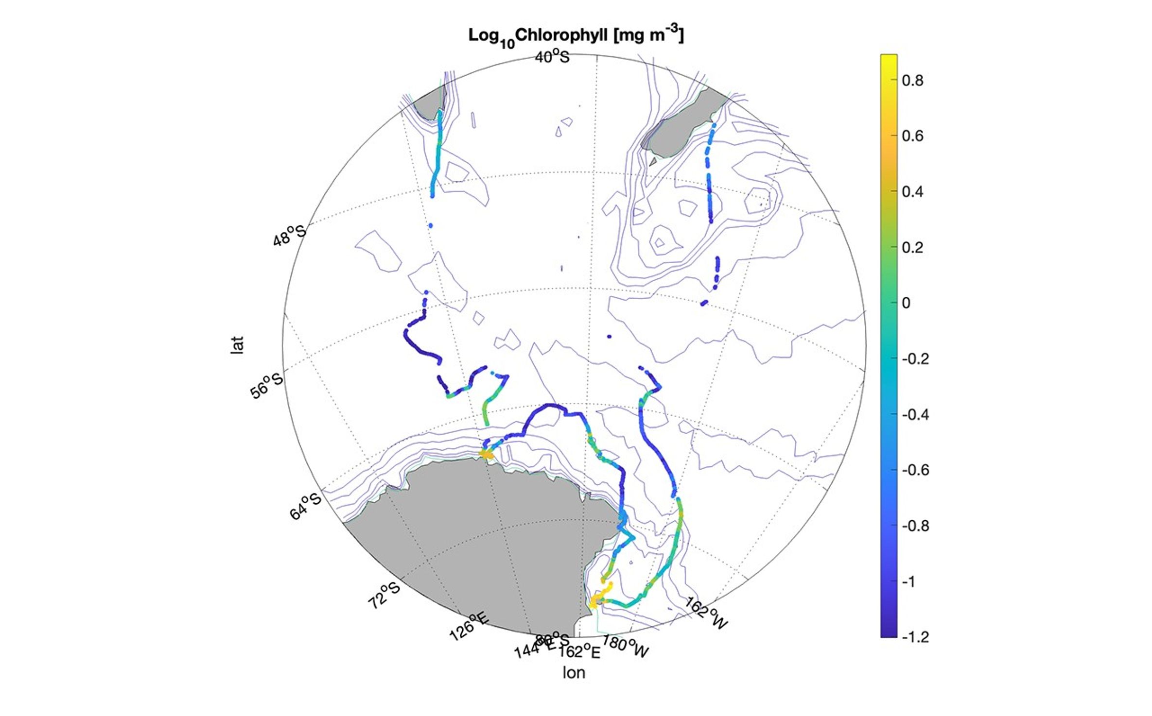 This map is circular, and mostly white, with purple contour lines. Also shown are the gray outlines of land masses – Antarctica, to the bottom left is the largest; at 11 o’clock is the tip of Australia and at 1 o’clock is New Zealand. Shown in royal blue, sky blue, green, and yellow is the track of the ship. To the right of the map, a bar sale is used to show the concentration of chlorophyll: its top is yellow, the bottom purple.