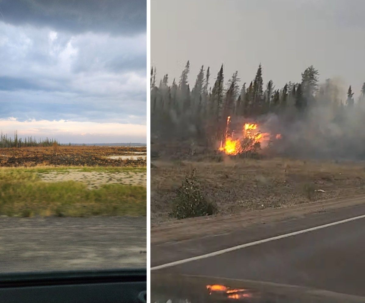 In the first photo, a blurry in-motion view of the road’s shoulder gives way to a green, yellow, and white edge, then to an ochre-brown area dotted with dark brown – indication of burning vegetation. In the second photo, a roadside pine forest is in flame, a blaze blooming from brown duff at the foot of the trees, while clouds of heavy gray-brown smoke billow.