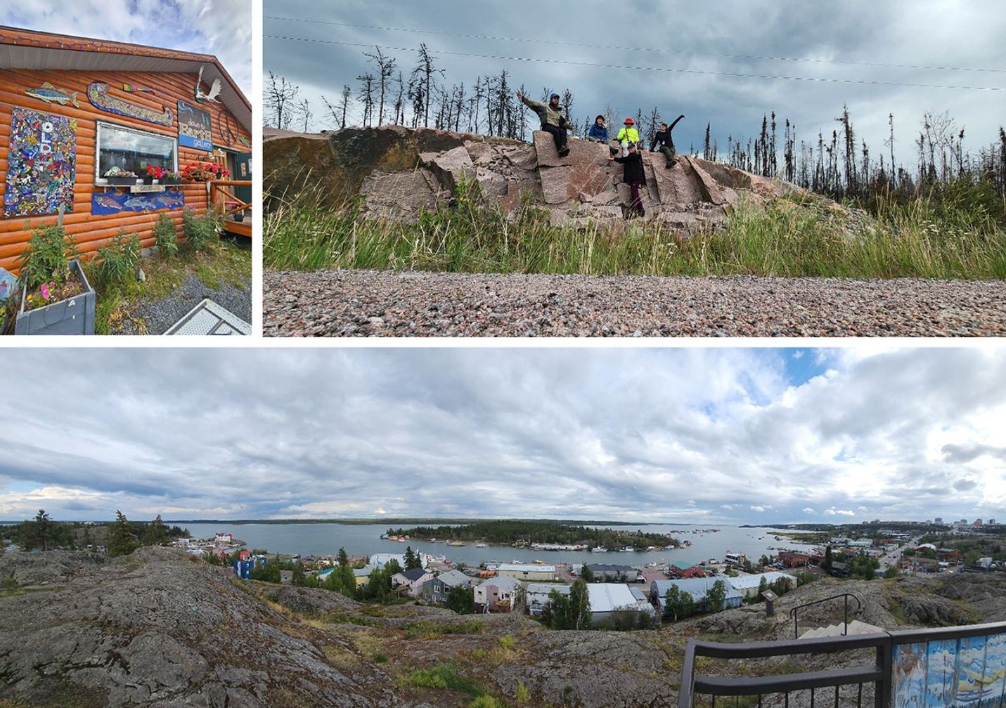 At top left, the Old Yellowknife Shop is a log cabin painted bright orange. Its decorations include paintings and mosaics, a canoe cutout, cutouts of salmon and other fish, a peace sign, and weathered white moose antlers. The shop’s outdoor décor includes red geraniums and other potted plants. At top right, the research crew poses, waving, from their seat atop a rocky outcrop. At bottom, a fish-eye view shows the town’s waterfront from the view atop the outcrop: wood frame houses, commercial buildings, and a brown wharf give way to a bay centered by a wooded island with houses at the water’s edge. Beyond the water is a line of dark green land.