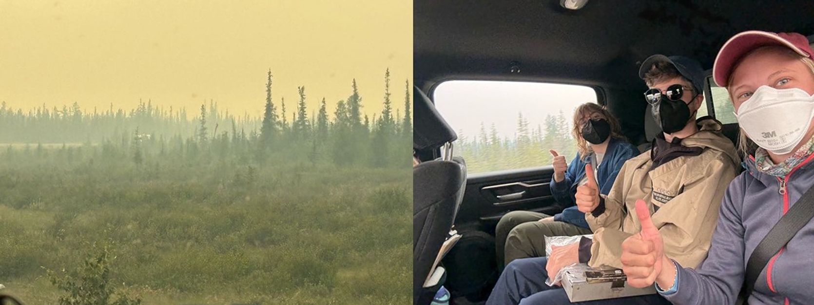 Image at left shows a meadow and forest through a veil of yellow smoke. Image at right shows three team members giving the thumbs-up sign from the back seat of their transport, with the smoky trees visible through the window.