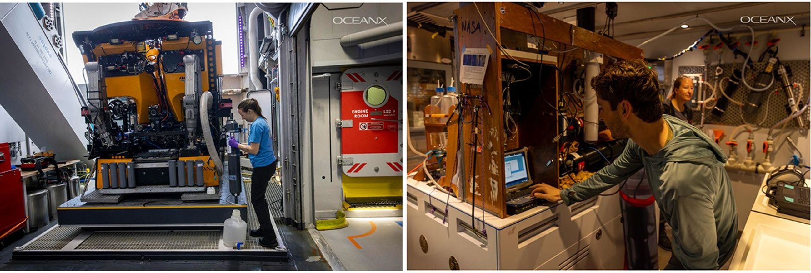 At left, a tangerine-colored remotely operated vehicle the size of a small car stands on a platform on the ship’s deck. A young woman in casual clothes and laboratory gloves works with a translucent jug (10 liter volume). At right, a young man works in an interior laboratory, surrounded by water filtration instruments and tubes, and looking at the screen of a small computer.