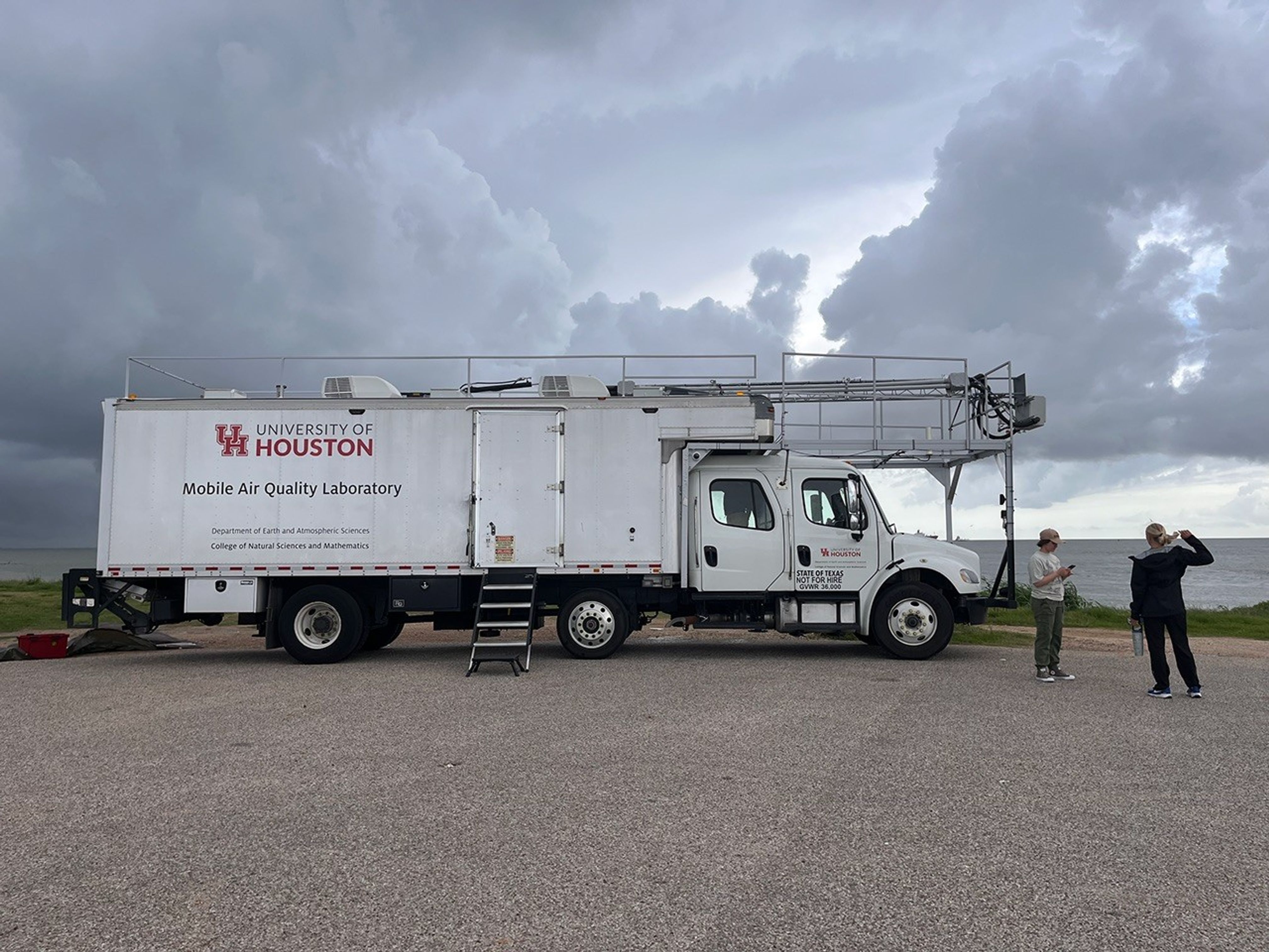 A large white truck is centered in the image. Stairs lead up to the back end of the truck, up to a currently closed door. The truck has a label on the back saying “University of Houston Mobile Air Quality Laboratory”. Two people are standing to the right of the image. Dark clouds billow in the background of the image.