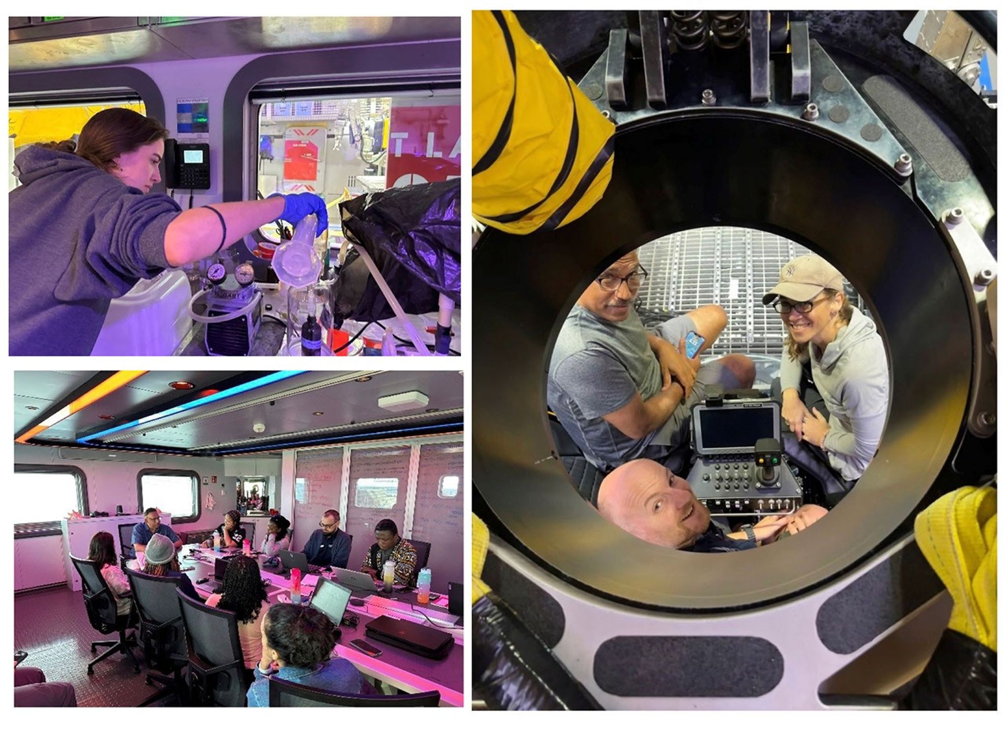 At top left, a young woman standing at a lab bench in a gray sweatshirt and royal blue lab gloves pours water from a clear plastic jug.  At bottom left, a group of nine people meets around a conference table on the ship. At right, our view is down from the top of the submersible through the circular, slate-colored hatch to the cockpit. Inside sit three passengers – two men and a woman --  closely packed with the sub’s instruments and screens.  