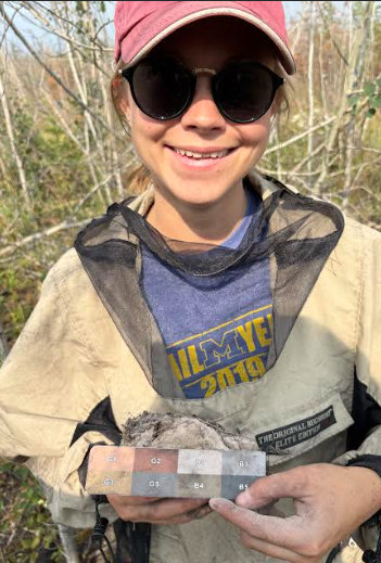Researcher Vander Bilt, wearing a dirty jacket, a Michigan University t-shirt, a red baseball cap, and sunglasses, holds up a color sample card with eight blocks of color: peach, brick, white, pale gray, tan, slate, dusty brown, and deep blue. She points at the dusty brown sample to show the color found in the pit she dug.