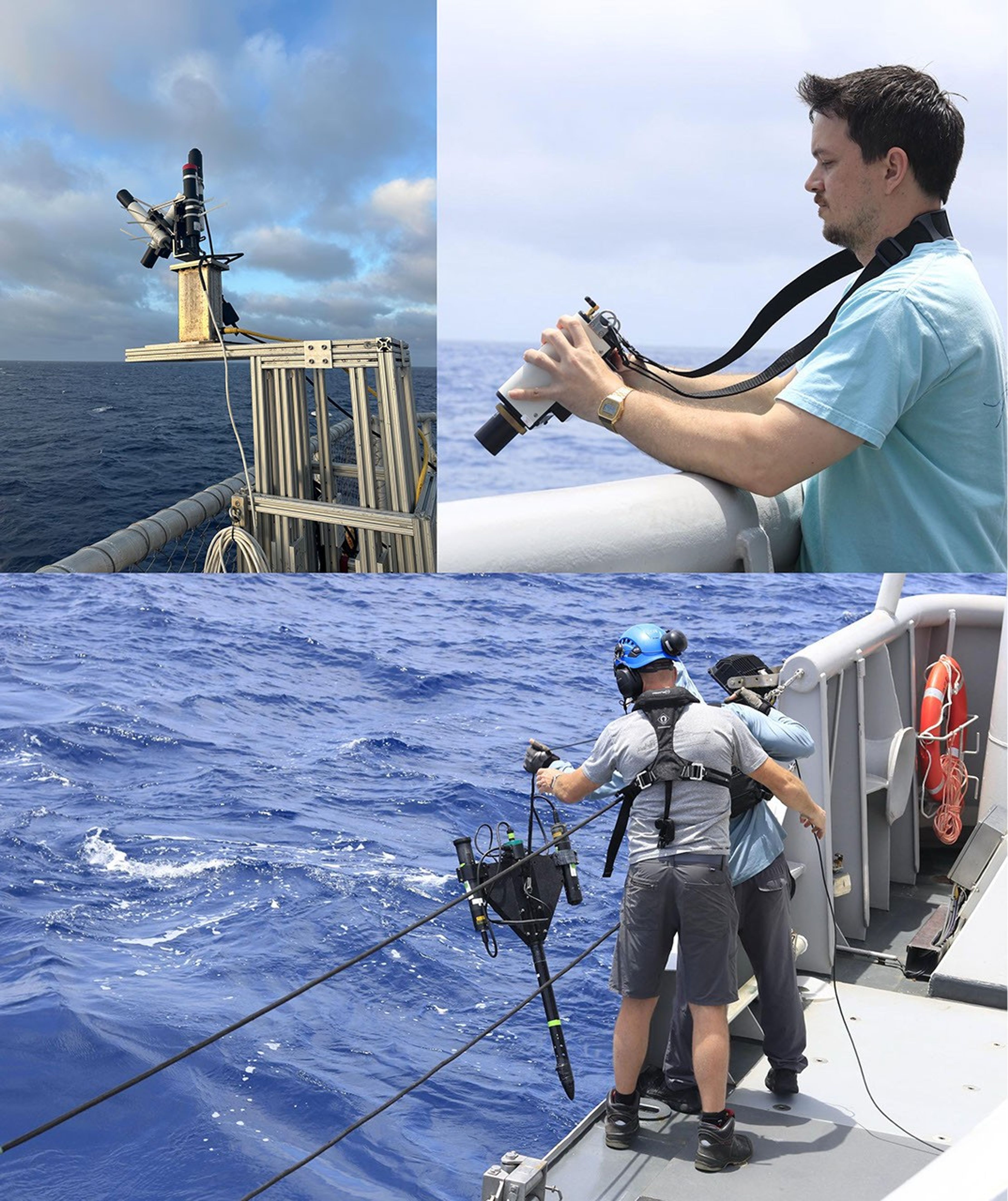Three images show instrumentation used aboard Ocean Explorer. At top left, the pySAS solar tracking system,, a small platform holding an assemblage of lens and cables. At top right, a young man standing at the ship’s rail aims a cylindrical radiometer at the water below. At bottom, the same young man assists a crew member in deploying a larger, triangular assemblage of cylinders and cables into the sea. The crew member is equipped with a safety harness and hardhat.