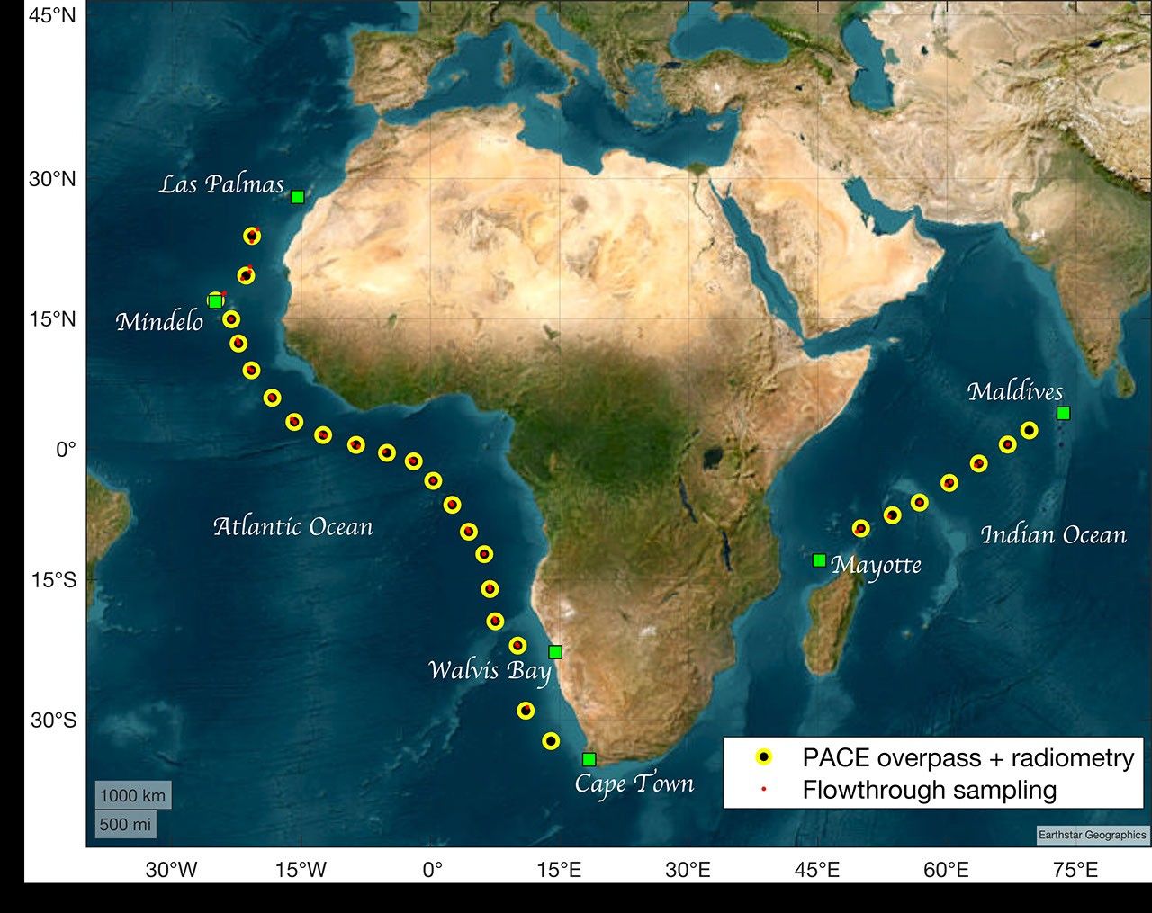This map, superimposed on a satellite image, spans (left to right) the eastern tip of Brazil across the whole of Africa to most of India, and (north to south) southern Spain and Italy, the Mediterranean, and beyond the Cape of Good Hope toward the Southern Ocean. Yellow dots map the two routes of this expedition, the first from Las Palmas, in the Canary Islands, to Cape Town, South Africa; and the second from Mayotte, an island off the northwestern coast of Madagascar, to the Maldives, situated off the southwestern tip of India. The yellow dots bear sub-symbols: a black dot signifying a PACE observation, and a red dot showing that the ship did flowthrough sampling.  