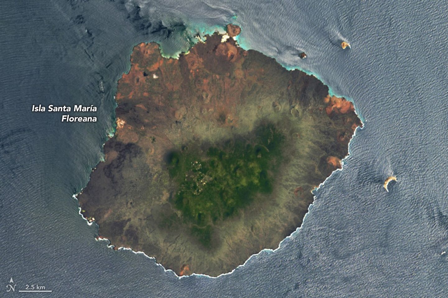 Satellite image of Floreana Island showing brown dry coastal areas surrounding greener vegetation in the island’s higher central region, with ocean waters around the island.