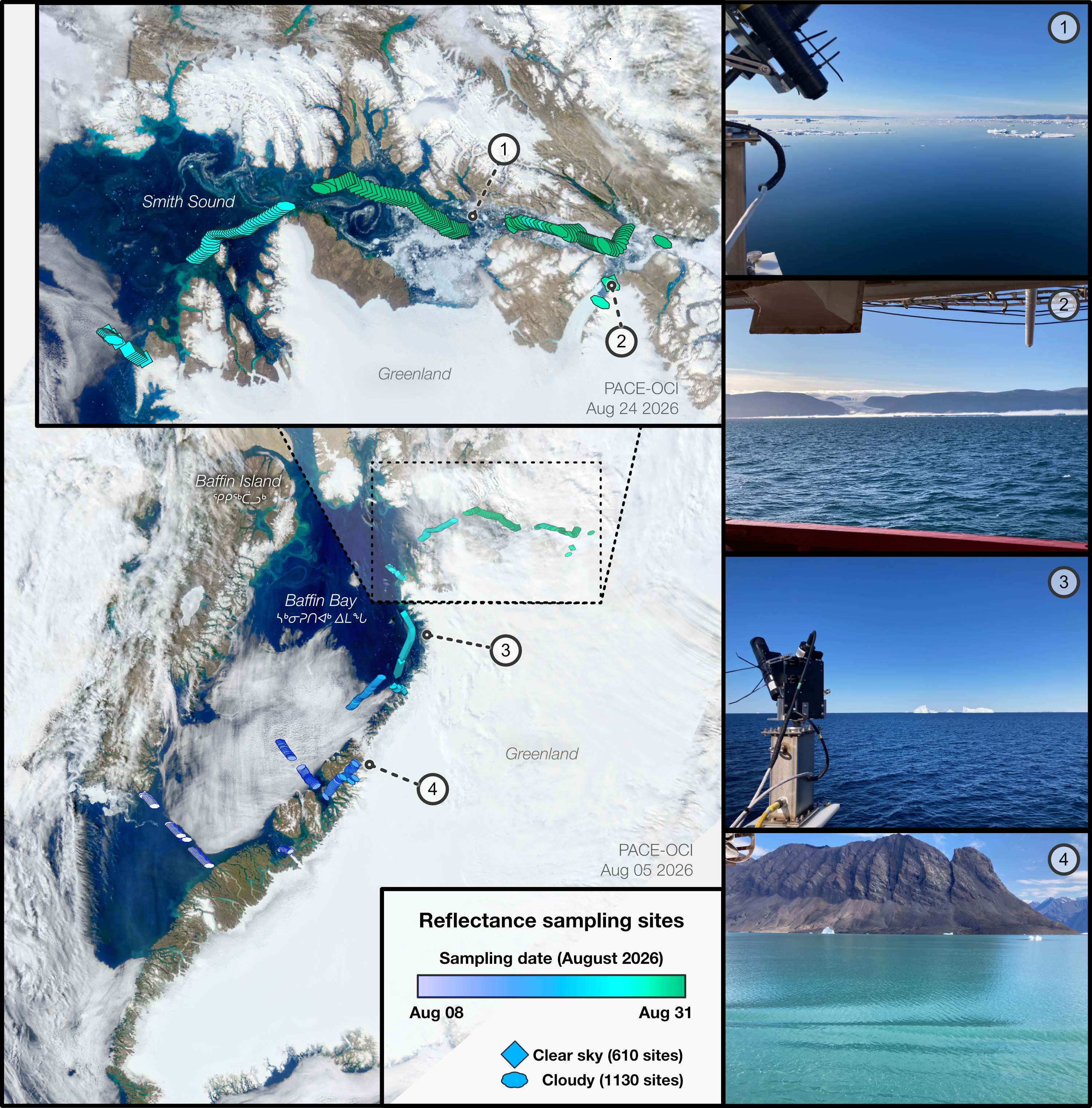The map of the research trip’s route is keyed to four photographs taken during the journey.