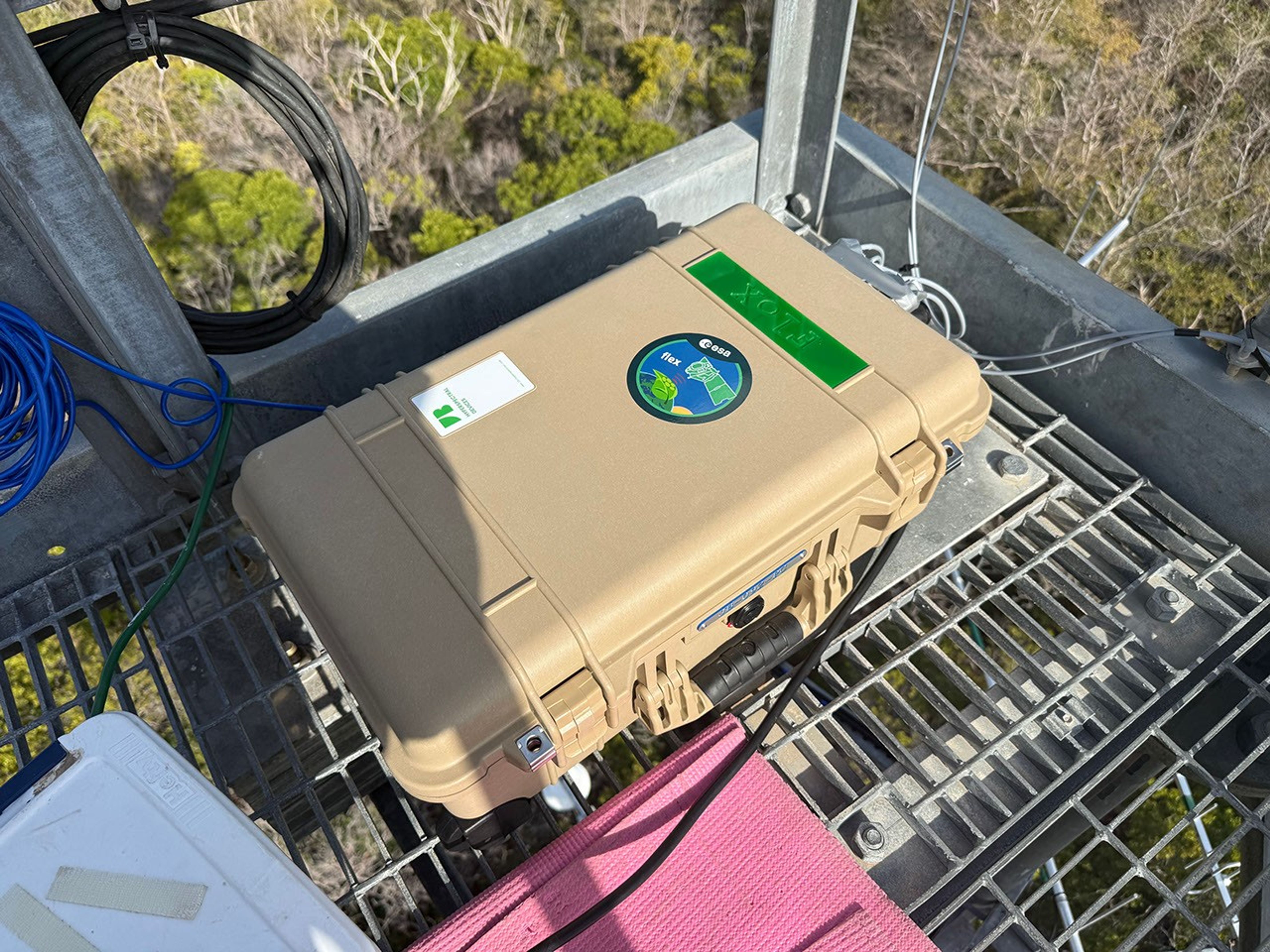 A tan suitcase-shaped box sits on the floor grating of a gray metal observation tower. The view toward the ground shows treetops and shrubs. 
