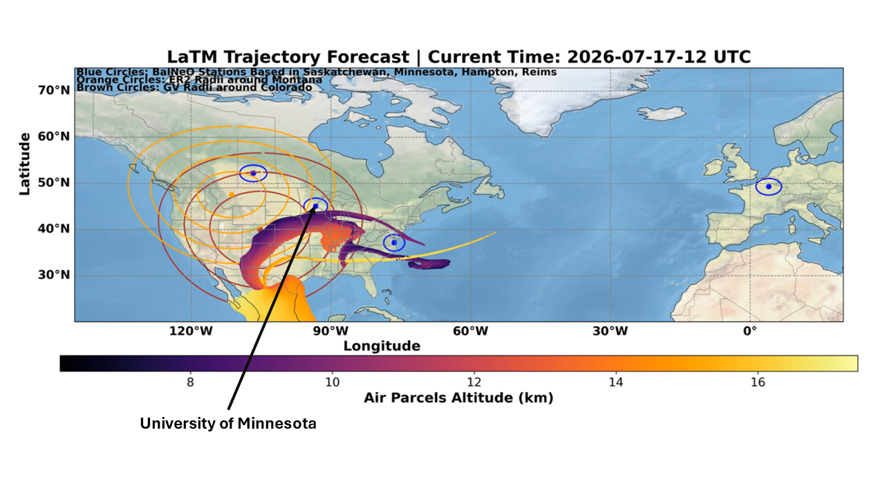 A map of the northern hemisphere from the west coast of North America to the Mediterranean is overlaid with a false color image of a smoke plume that curves from Northern Mexico north to the Great Lakes, then southeast.