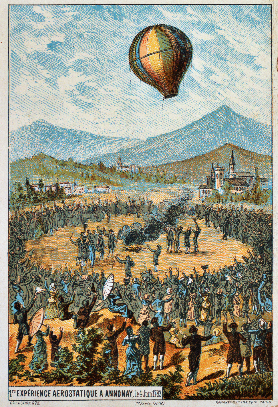 An 18th century color engraving shows a hot air balloon launching above a crowd.