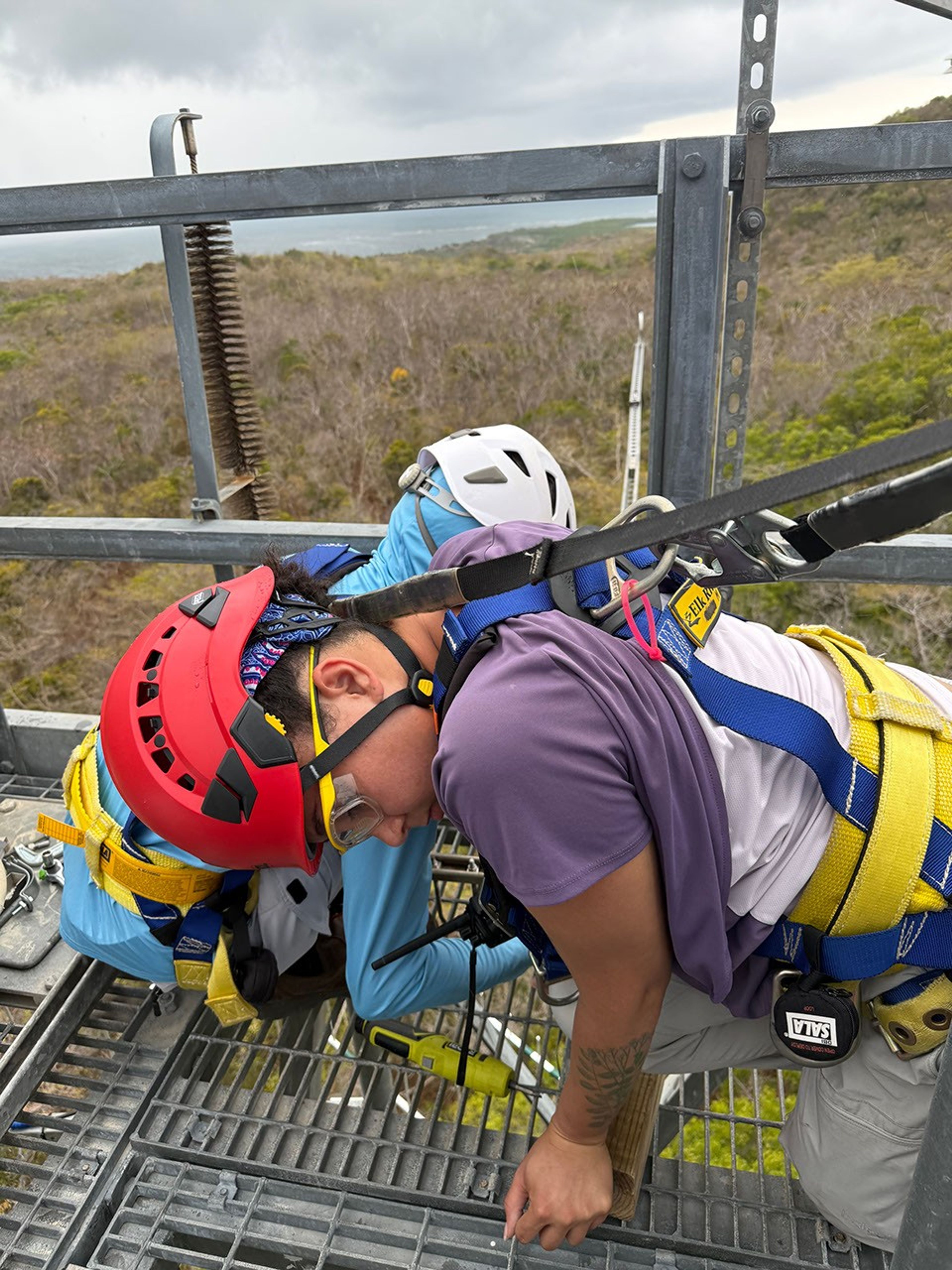 Two helmeted figures work kneeling on the grating of a metal observation tower. They wear safety harnesses.  