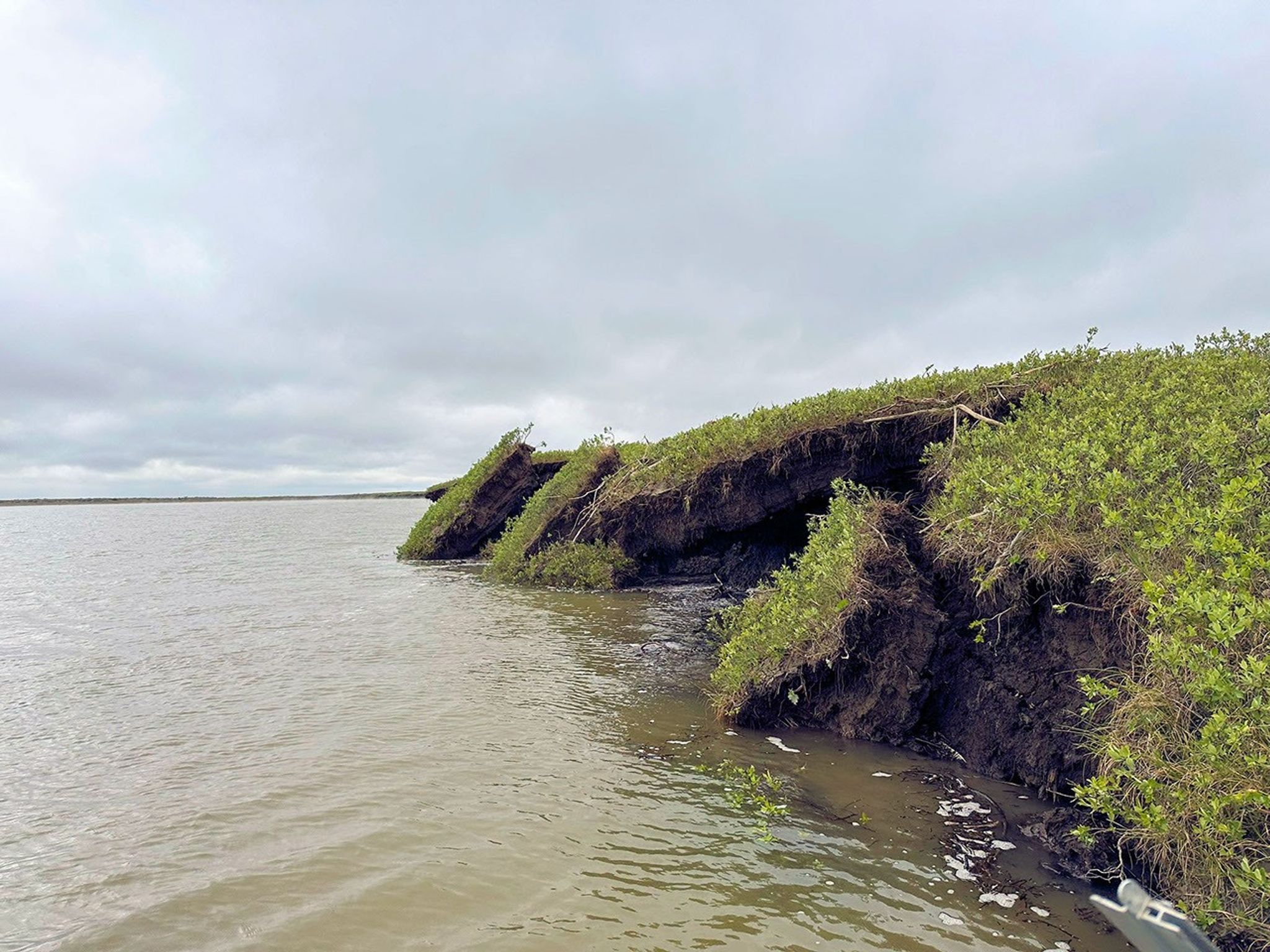 Chunks of sod and soil have broken off and fallen from a bluff into the river.