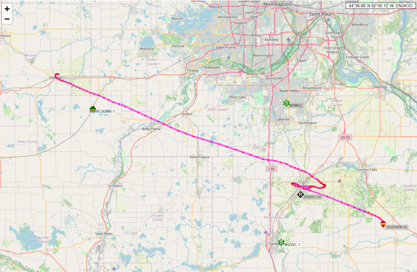 A map showing the area including and south of Bloomington, Minnesota features a magenta line matching the path of the weather balloon, which tracked from west of Bloomington to southeast of it.