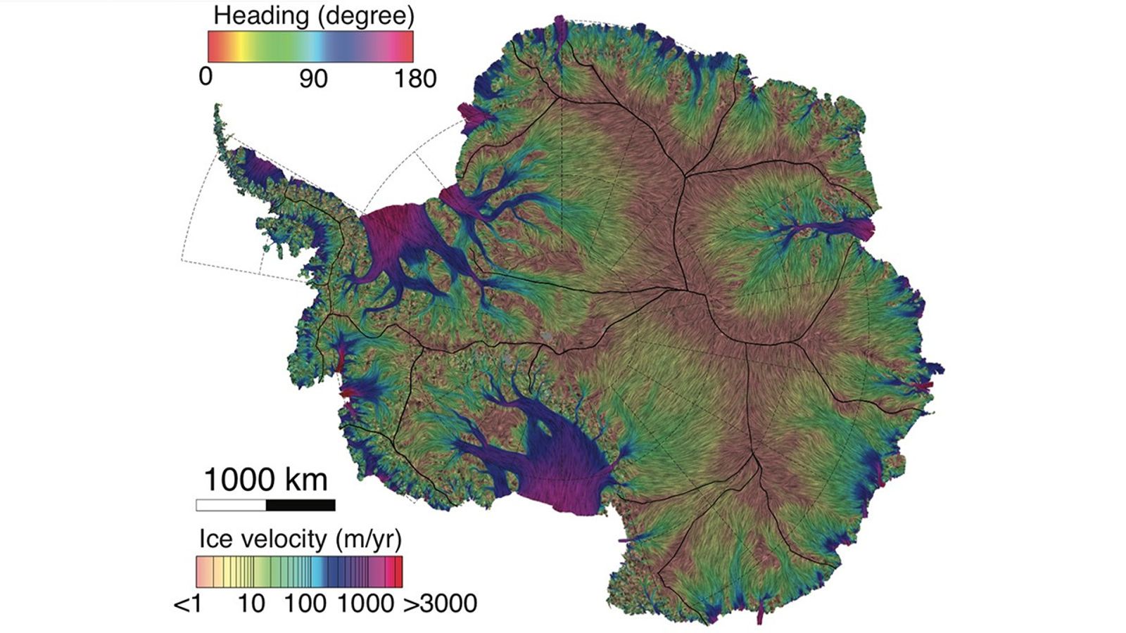 NASA/UC Irvine map of ice velocity in Antarctica