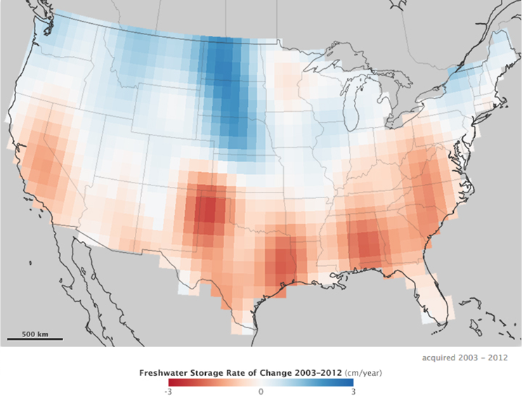 NASA Earth Observatory image by Jesse Allen, using GRACE data provide courtesy of Jay Famigleitti, University of California Irvine and Matthew Rodell, NASA Goddard Space Flight Center. Caption by Holli Riebeek.