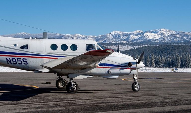 An Airborne Snow Observatories, Inc. plane in Nevada County, California, in December 2021 on its mission to measure nearby mountain snowpack. Credit: California Department of Water Resources/Kelly M. Grow