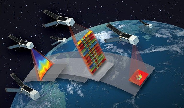 Artist's concept of the TROPICS mission, which will study hurricanes with a constellation of 12 CubeSats flying in formation. Credit: MIT Lincoln Laboratory.