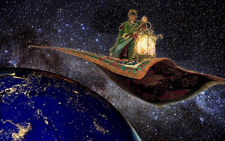 Illustration by Bob Silberg. Figure of man riding flying carpet is from 1880 painting by Viktor Vasnetsov.