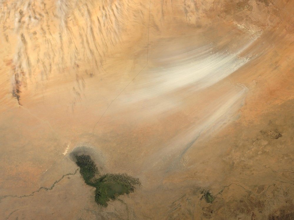 Lake Chad, Africa; February 7 and 11, 2004. Once serving as part of the floor for a much larger Lake Chad, the area now known as the Bodele Depression, located at the southern edge of the Sahara Desert in north central Africa, is slowly being transformed into a desert landscape. In the mid-1960s, Lake Chad was about the size of Lake Erie. But persistent drought conditions, coupled with increased demand for freshwater for irrigation, have reduced Lake Chad to about 5 percent of its former size. As the waters receded, the silts and sediments resting on the lakebed were left to dry in the scorching African sun. The small grains of the silty sand are easily swept up by the strong wind gusts that occasionally blow over the region. Once heaved aloft, the Bodeledust can be carried for hundreds or even thousands of kilometers.The remnants of Lake Chad appear in olive-green amid the tan and light brown hues of the surrounding landscape where the countries of Chad, Niger, Nigeria and Cameroon all share borders. The Bodele Depression was the source of some very impressive dust storms that swept over West Africa and the Cape Verde Islands in February 2004, the date of this image.