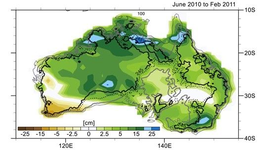 Changes in Australia's mass as reported by data from NASA's Gravity Recovery and Climate Experiment (GRACE) satellites from June 2010 to February 2011. Areas in greens and blues depict the greatest increases in mass, caused by excessive precipitation. The contour lines represent various land surface elevations. A new study co-authored and co-funded by NASA finds extensive flooding in Australia, combined with the continent's soils and unique topography, were the biggest contributors to the drop in global sea level observed in 2010 and 2011. Credit: NCAR/NASA/JPL-Caltech Click to enlarge