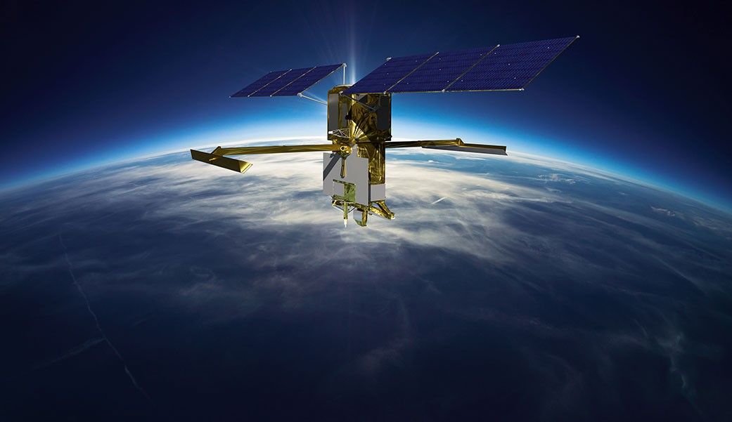 This illustration shows the Surface Water and Ocean Topography (SWOT) satellite in orbit