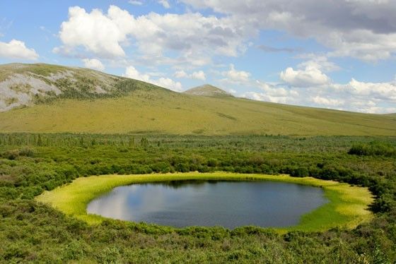 Permafrost lake in tundra above the Arctic Circle in Canada.