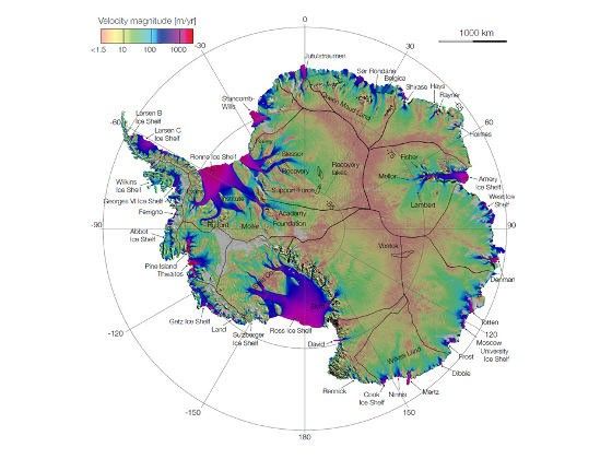 First complete map of the speed and direction of ice flow in Antarctica, derived from radar interferometric data. Image credit: NASA/JPL-Caltech/UCI