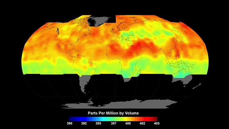 Global average carbon dioxide concentrations as seen by NASA’s Orbiting Carbon Observatory-2 mission, June 1-15, 2015. OCO-2 measures carbon dioxide from the top of Earth's atmosphere to its surface. Higher carbon dioxide concentrations are in red, with lower concentrations in yellows and greens. Credit: NASA/JPL-Caltech