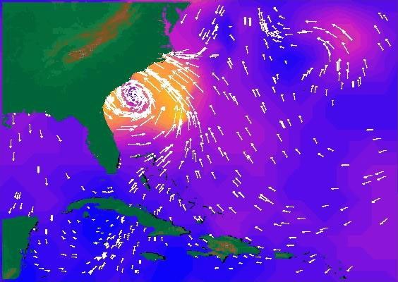The SeaWinds scatterometer on NASA’s QuikScat satellite stares into the eye of 1999’s Hurricane Floyd as it hits the U.S. coast. The arrows indicate wind direction, while the colors represent wind speed, with orange and yellow being the fastest. Credit: NASA/JPL-Caltech