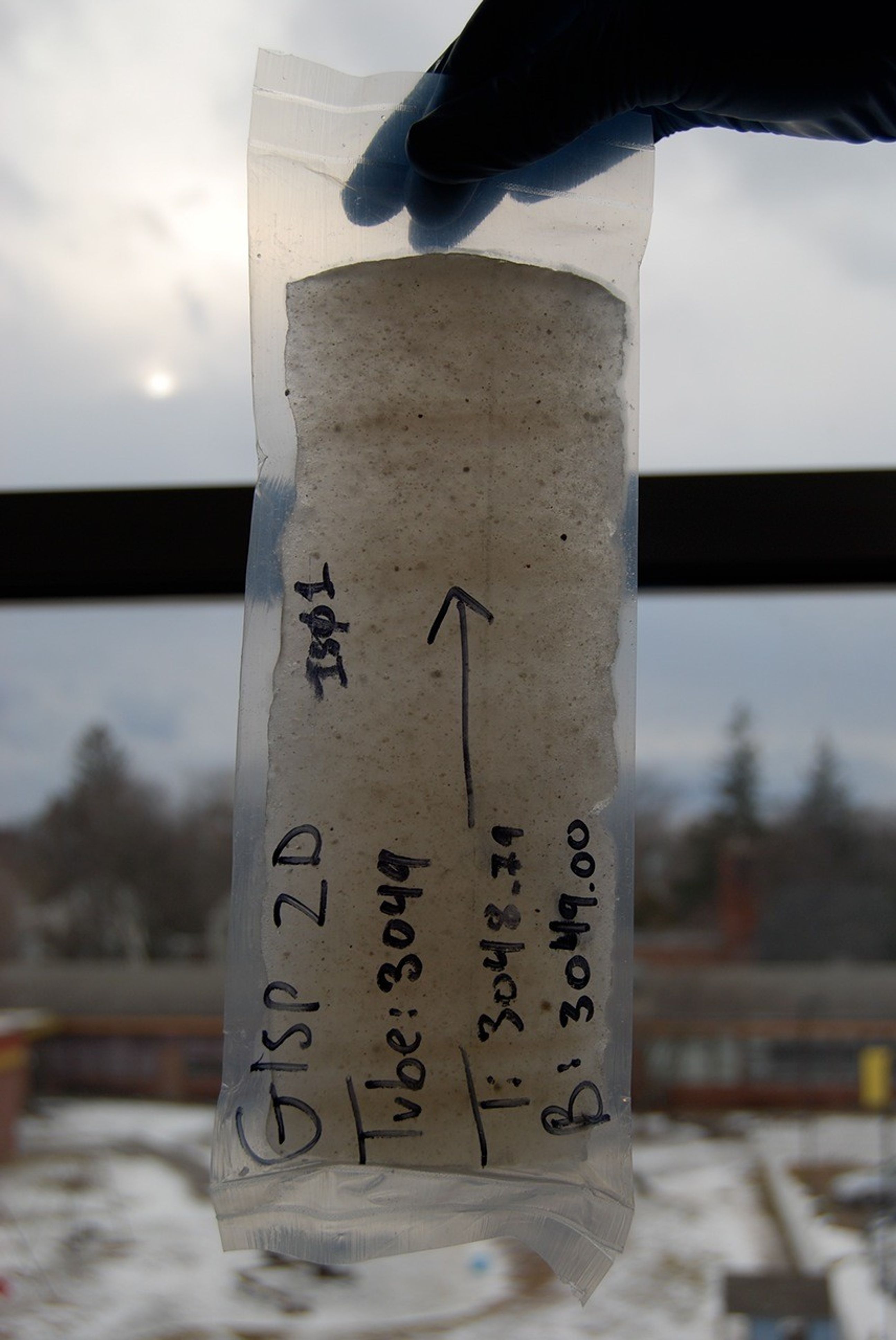 Piece of the GISP2 ice core that the researchers analyzed for the isotope beryllium-10, showing silt and sand embedded in ice. Soon after this picture was taken, the ice was crushed in the University of Vermont clean lab and the sediment was isolated for analysis. Credit: Paul Bierman, University of Vermont