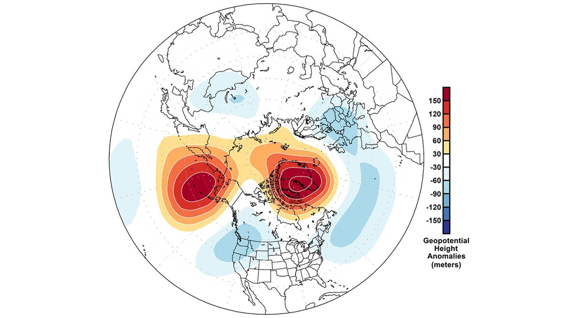 The high- and low-pressure anomaly areas on the map, shown in red/orange (high) and blue (low), are typical of the combined negative phases of the Arctic Oscillation and the Pacific/North American teleconnection. The low-pressure system northwest of California directs atmospheric rivers toward the Sierra Nevada, and the high-pressure systems at higher latitudes prevent the low from drifting northward away from California. Image credit: Bin Guan, NASA/JPL-Caltech and UCLA.