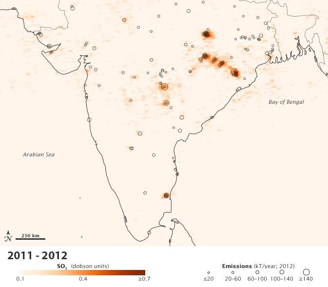 Map showing average sulfur dioxide levels measured by the Aura satellite over India in 2011-2012. The black circles represent the locations of many of India's top sulfur dioxide emissions sources in 2012. Larger dots indicate greater emissions. Credit: NASA Earth Observatory.