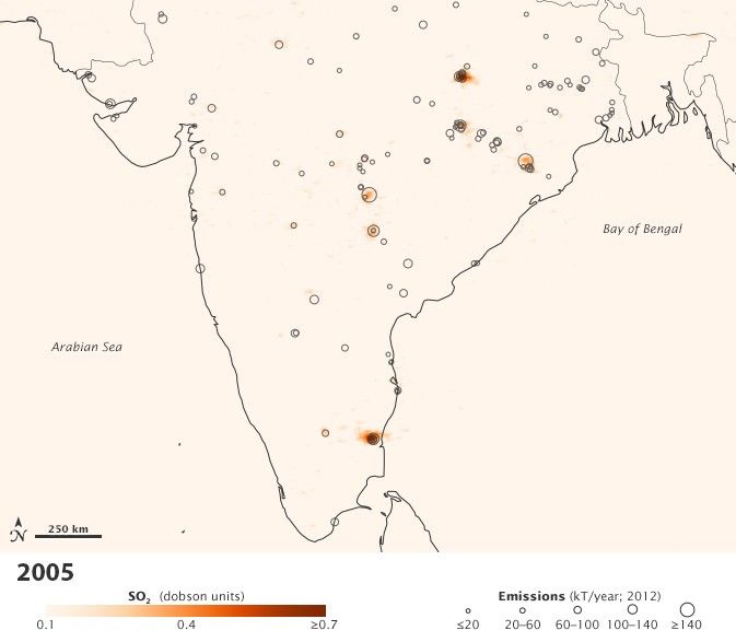 Map showing average sulfur dioxide levels measured by the Aura satellite over India in 2005. The black circles represent the locations of many of India's top sulfur dioxide emissions sources in 2012. Larger dots indicate greater emissions. Credit: NASA Earth Observatory.