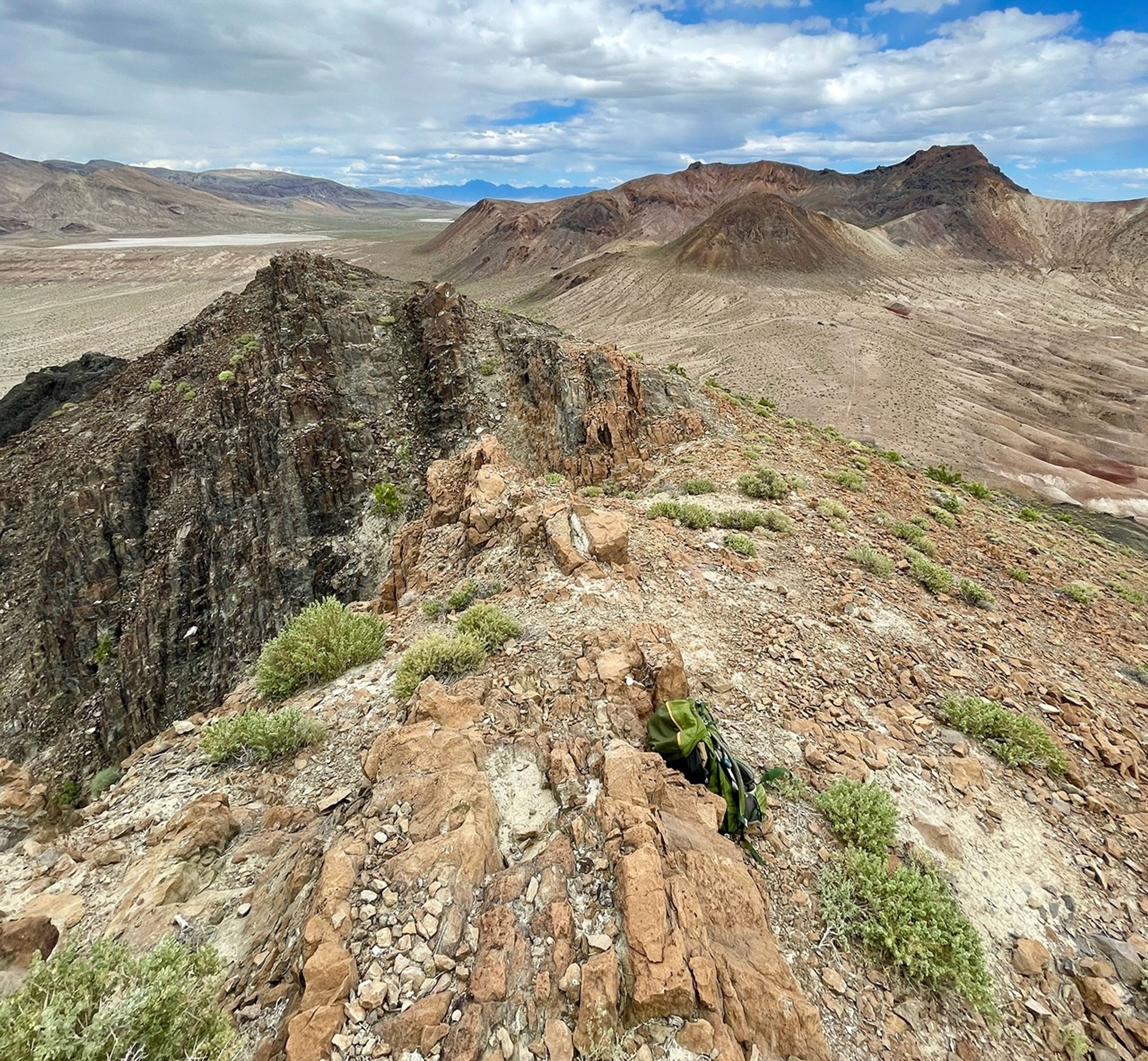 In the photo foreground is exposed bedrock at Black Rock Point, which is an area used for validation of mineral maps. In the photo background, the bright white areas are flat desert micro-playas used for reflectance validation.